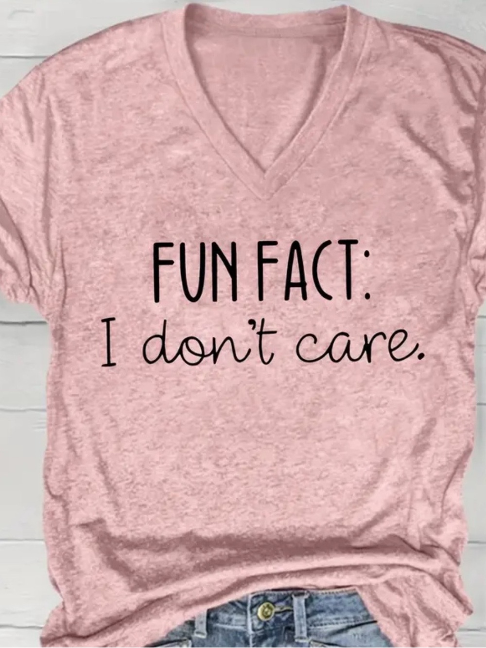 Fun Fact I Don't Care Pink V-Neck Graphic Tee